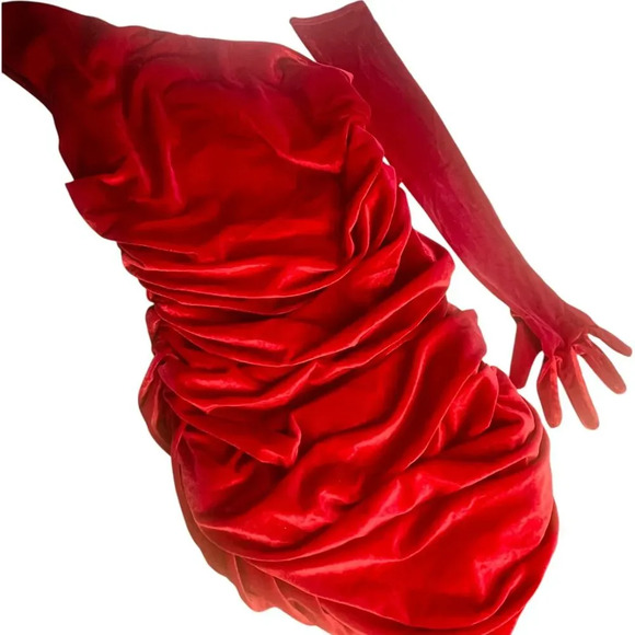 Revolve Miscreants London One Shoulder Midi Red Velvet Dress with Gloves - Picture 7 of 11